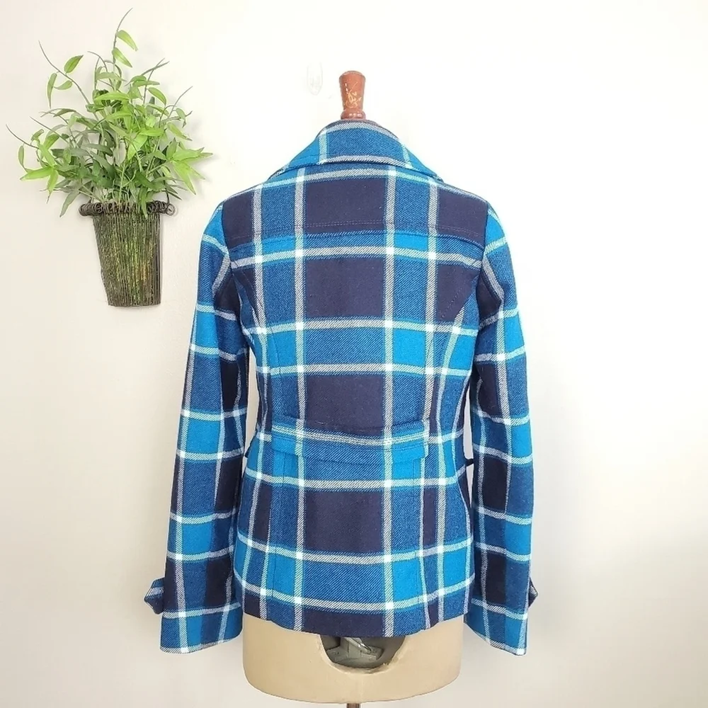 American Eagle Wool Plaid Check Double Breasted Pea Coat Peacoat Jacket AE M Y2K